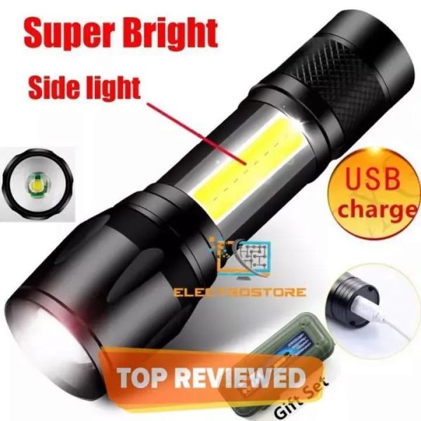 Super Bright Usb Rechargeable Plastic Flashlight With Side Light – Compact, Durable & Powerful Led Torch