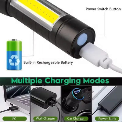 Super Bright Usb Rechargeable Plastic Flashlight With Side Light – Compact, Durable & Powerful Led Torch
